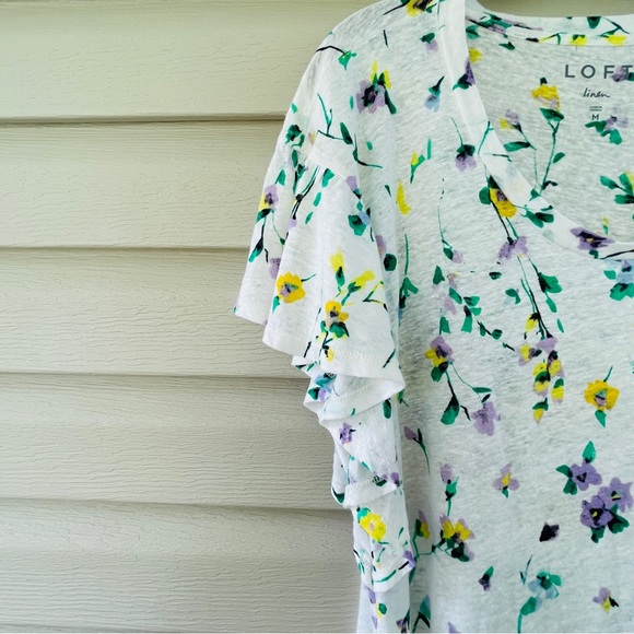 Loft Linen Multicolor Floral Flutter Sleeve Top Size M - Picture 6 of 10